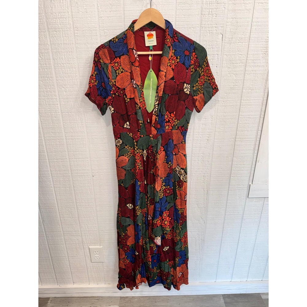 Farm Rio Stitched Flowers Black Faux Wrap Maxi Dress Multicolor V-Neck S NEW